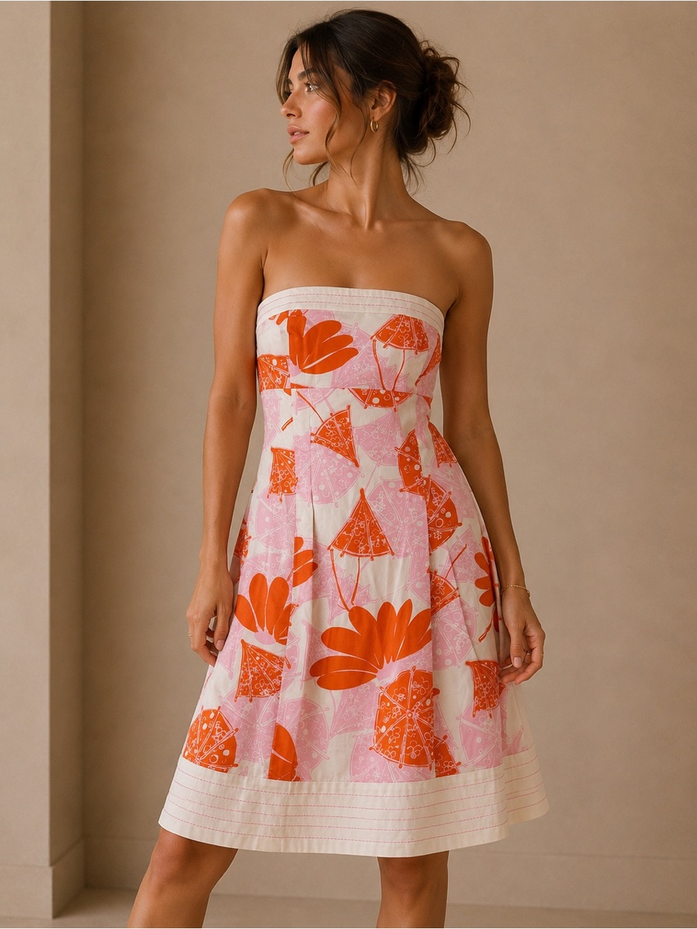 Lilly Pulitzer Strapless Floral Cotton Dress in White, Orange & Pink Size 4